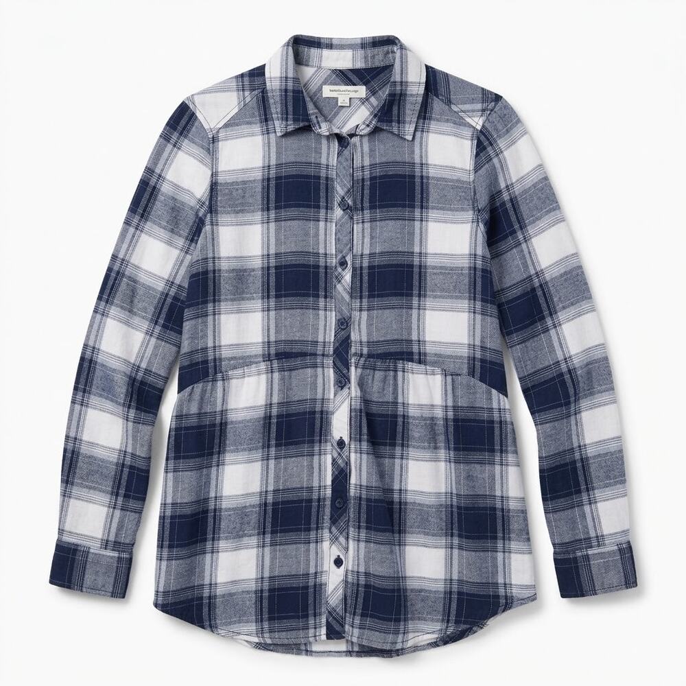 Beach Lunch Lounge Flannel Plaid Tunic Shirt Blue White Relaxed Casual Womens XS